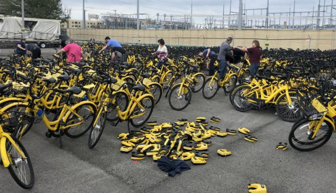 Ofo bikes being disassembled